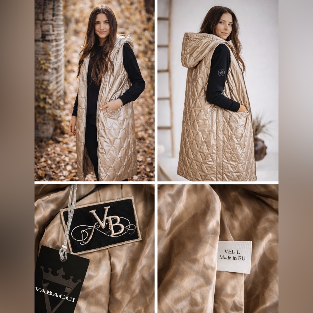 NWT Vabacci Long Hooded Gold Puffer Vest Made in EU Designer Luxury